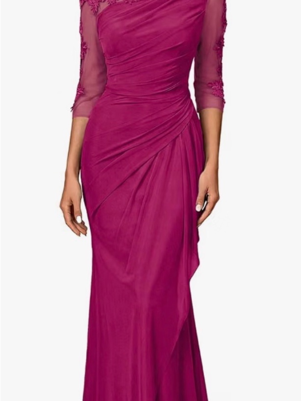 Fuchsia Ruched Long-Sleeve Evening Dress